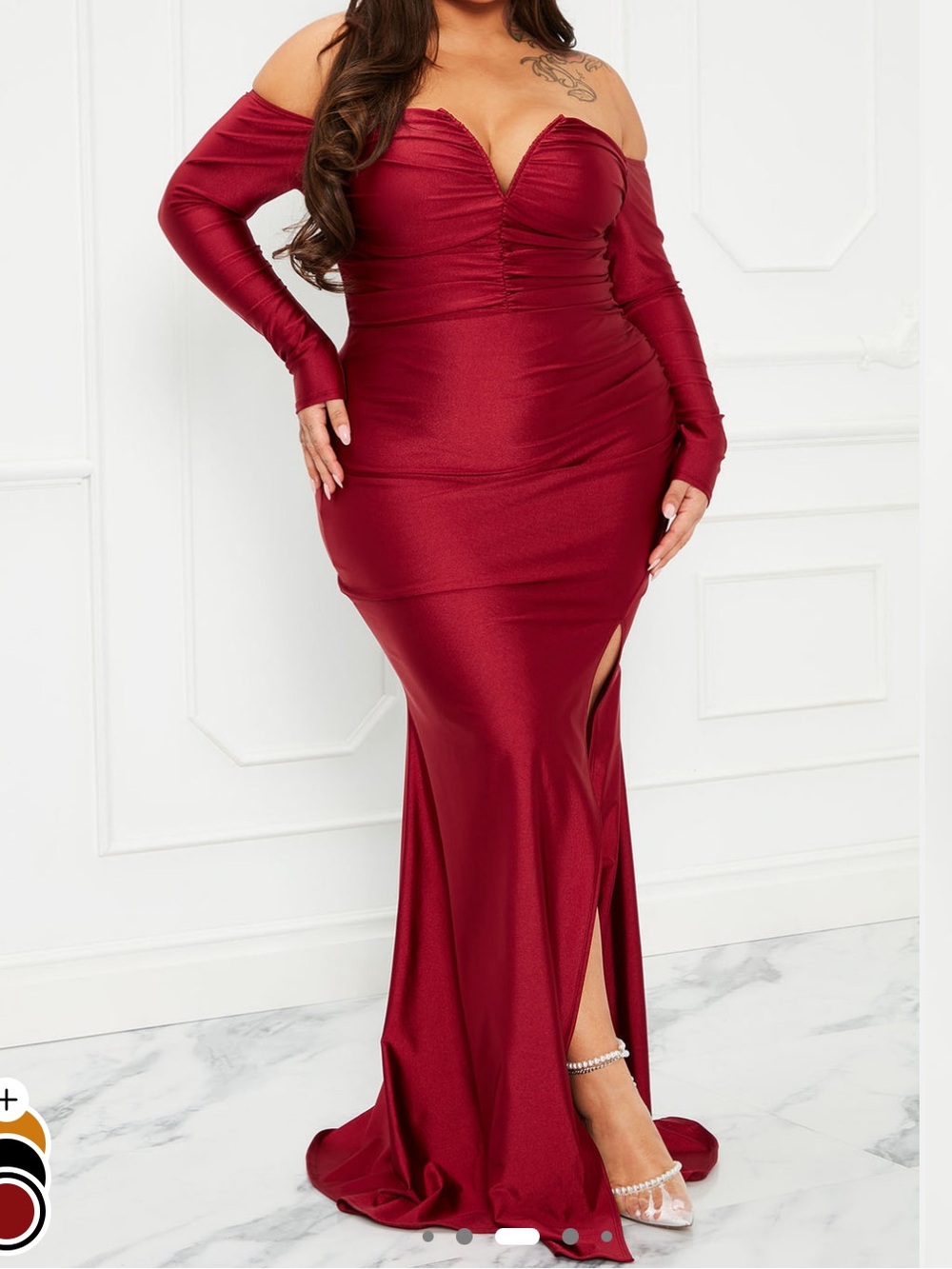 Fashion Nova Burgundy Off-Shoulder Maxi Dress with Front Slit